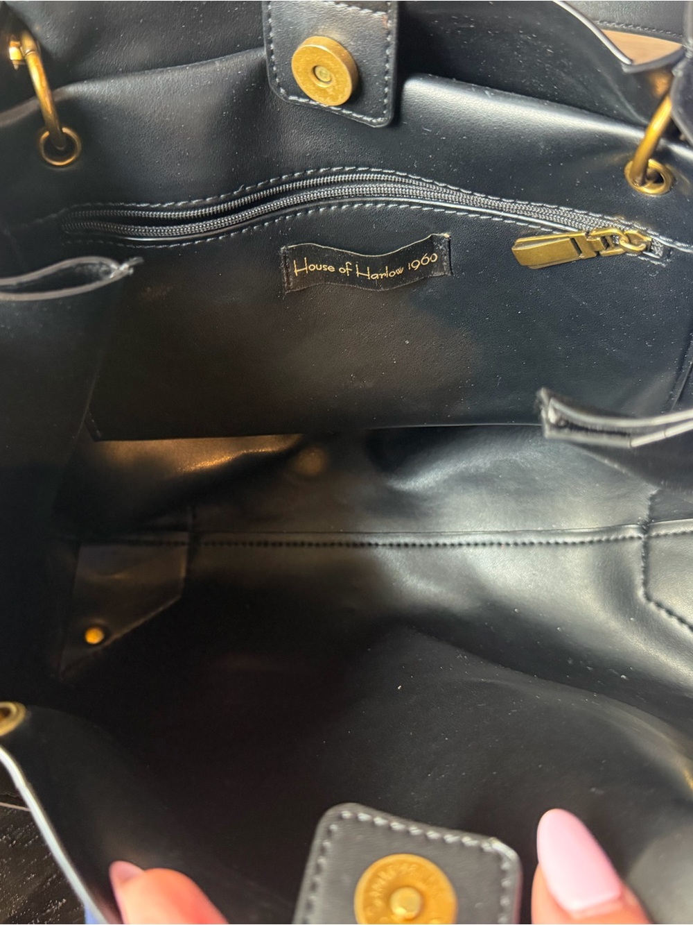 House of Harlow 1960 Black Suede Shoulder Tote with Gold Accents - Picture 4 of 5